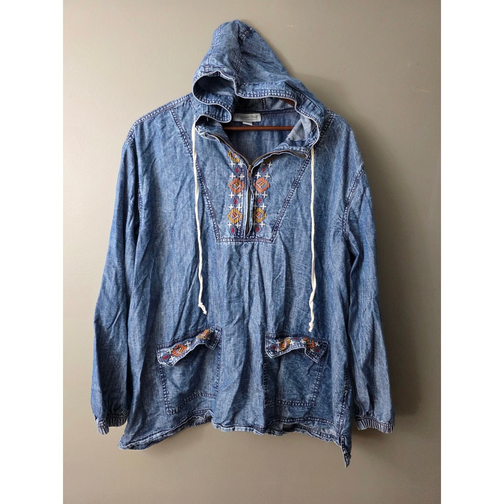 Coldwater Creek Embroidered Chambray Denim Hoodie Quarter Zip Pullover 1X